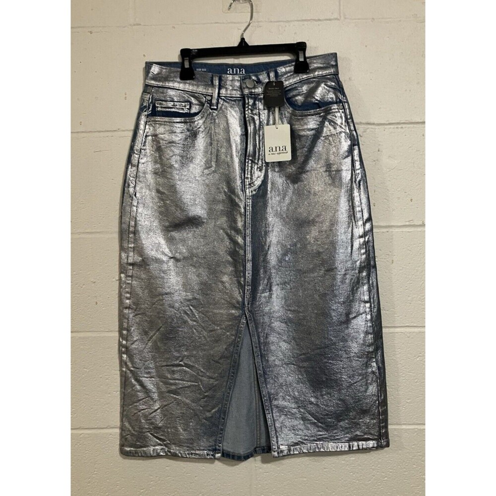 ANA A New Approach Womens Sz 6 Denim Jean Midi Skirt Metallic Effect NWT